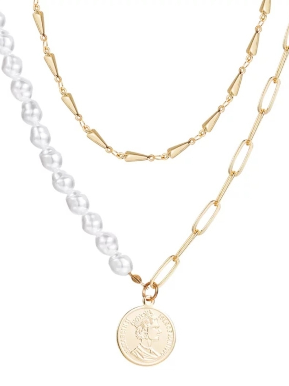 Gold and White Pearl Layered Coin Pendant Choker Necklace